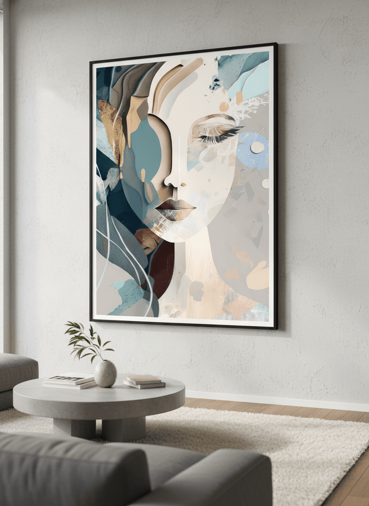 Modern wall art styled above a sofa in a neutral living room