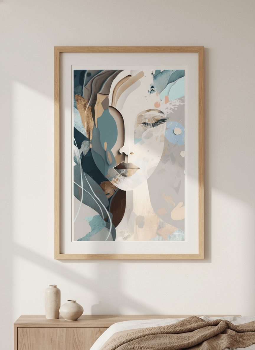 Minimalist artwork displayed in a calm, light-filled bedroom interior