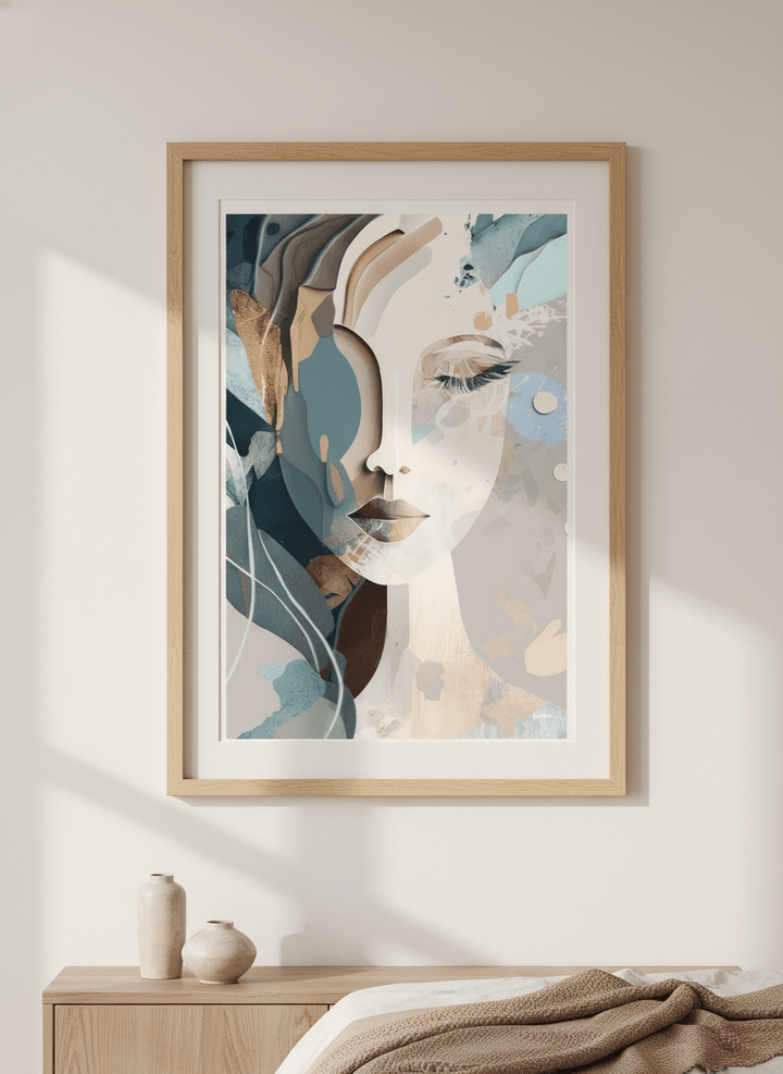 Minimalist artwork displayed in a calm, light-filled bedroom interior