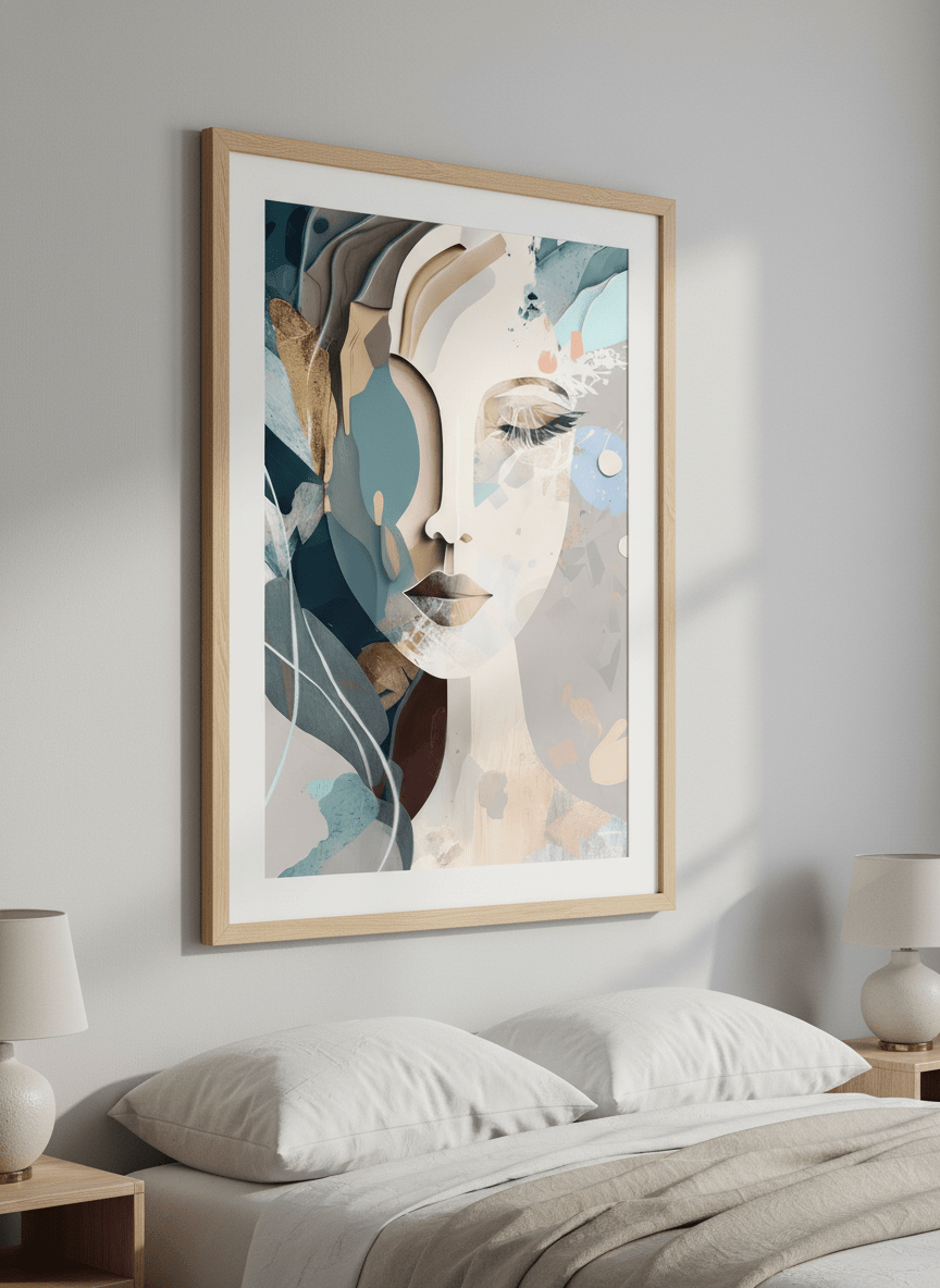 Minimalist artwork displayed in a calm, light-filled bedroom interior