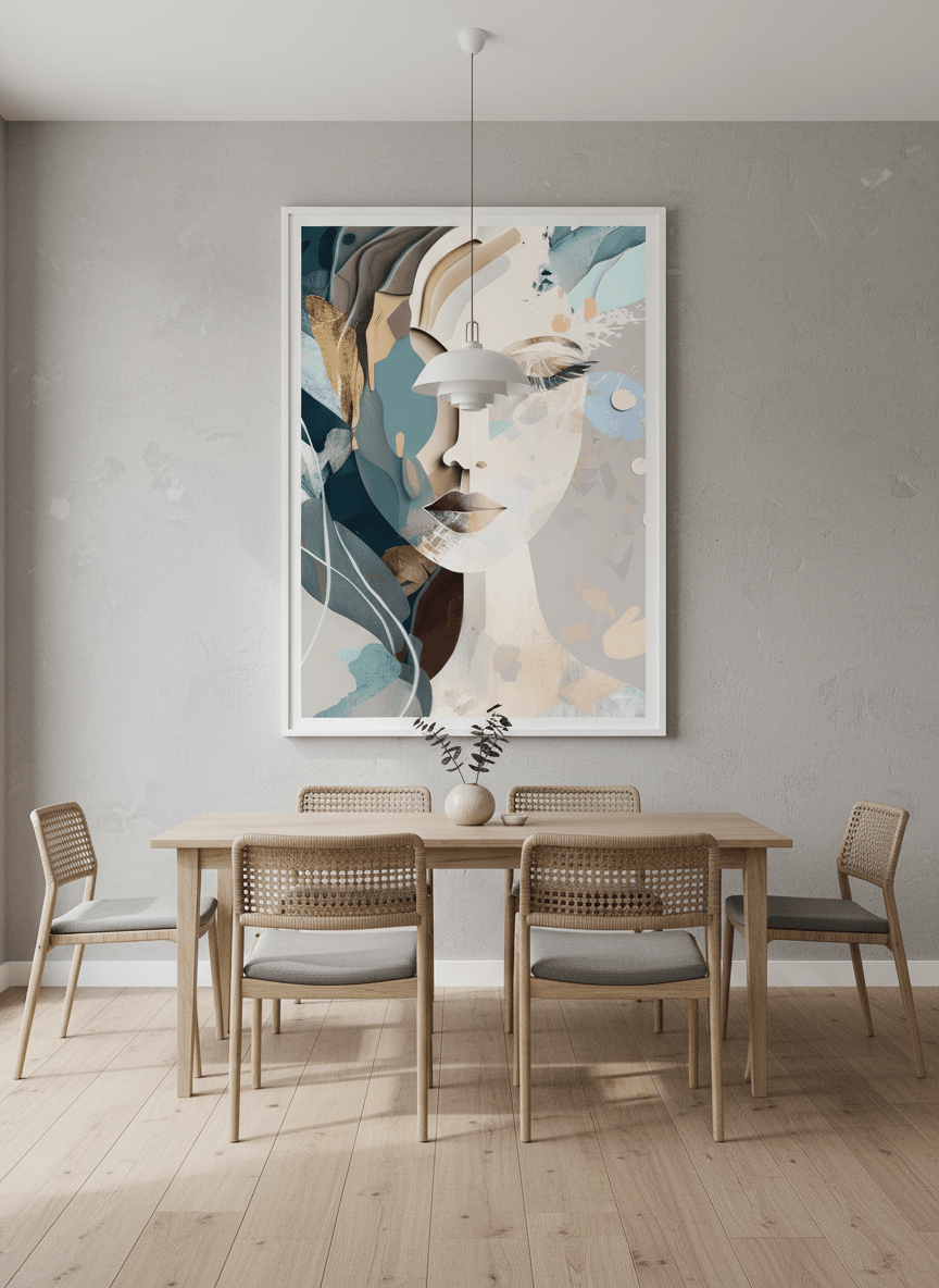 Wall art styled above a dining table in a contemporary home