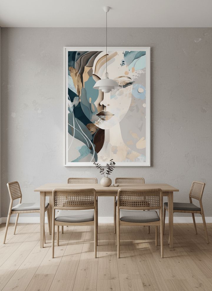 Wall art styled above a dining table in a contemporary home