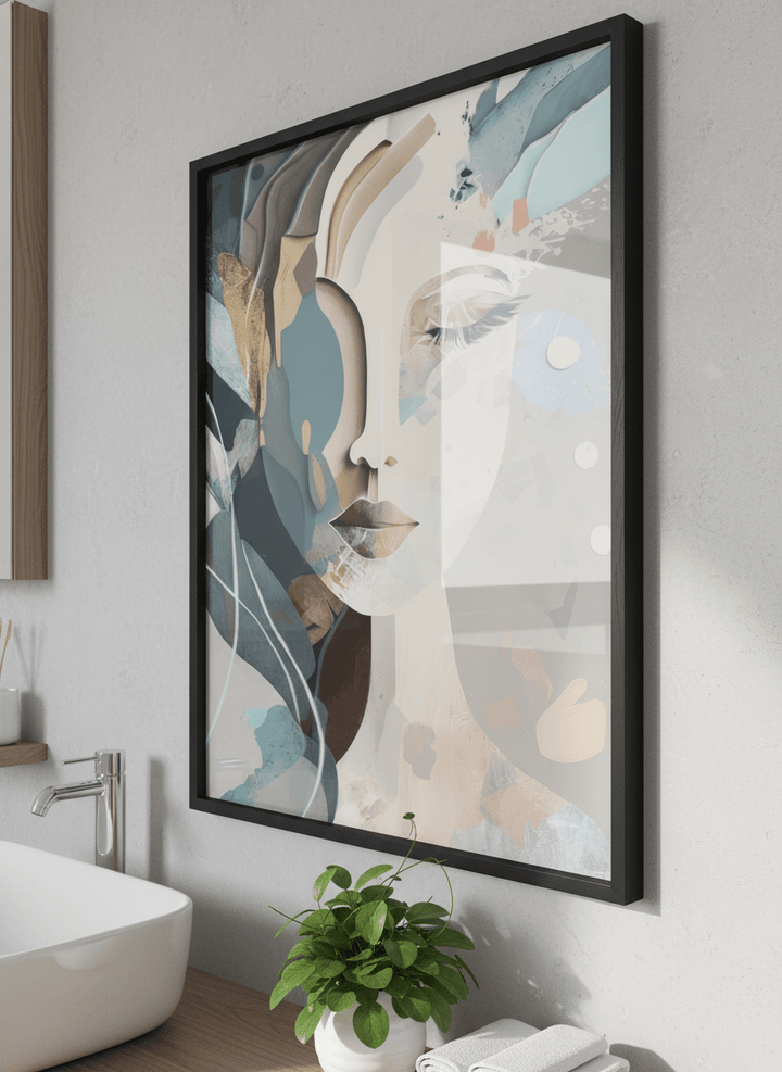 Modern print displayed in a clean minimalist bathroom setting
