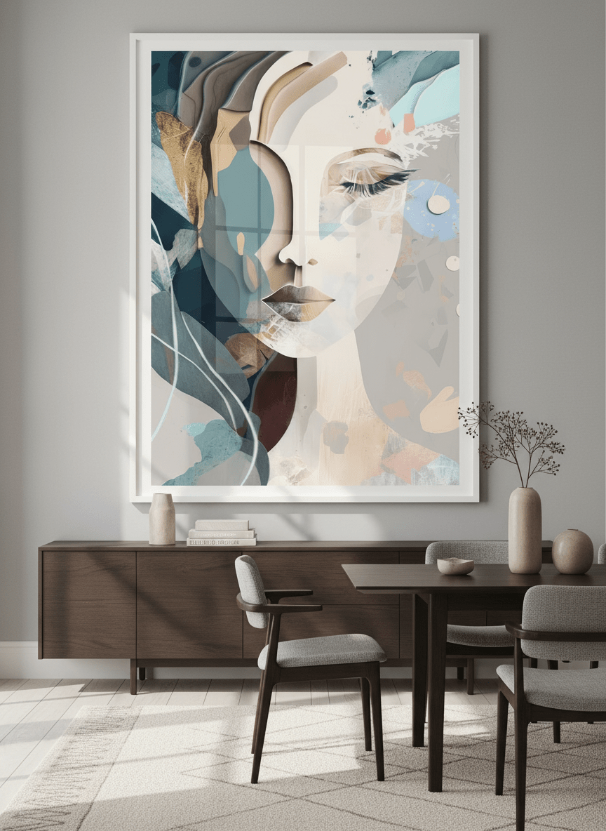 Monumental artwork centred on a feature wall in a luxe interior
