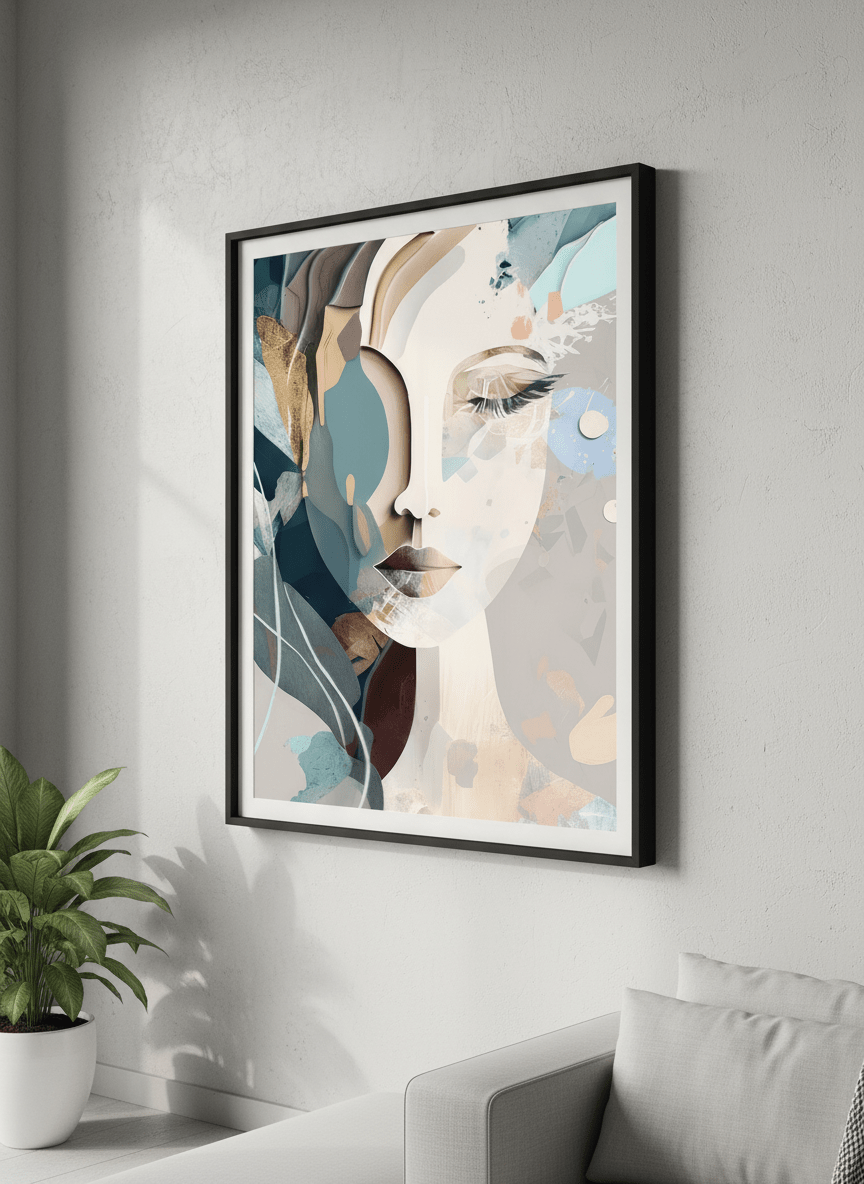 Modern wall art styled above a sofa in a neutral living room