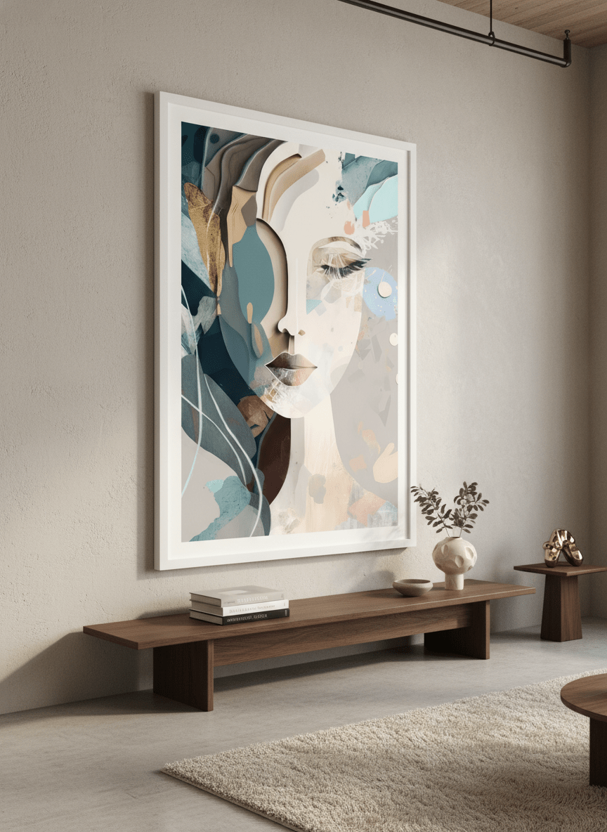 Monumental artwork centred on a feature wall in a luxe interior