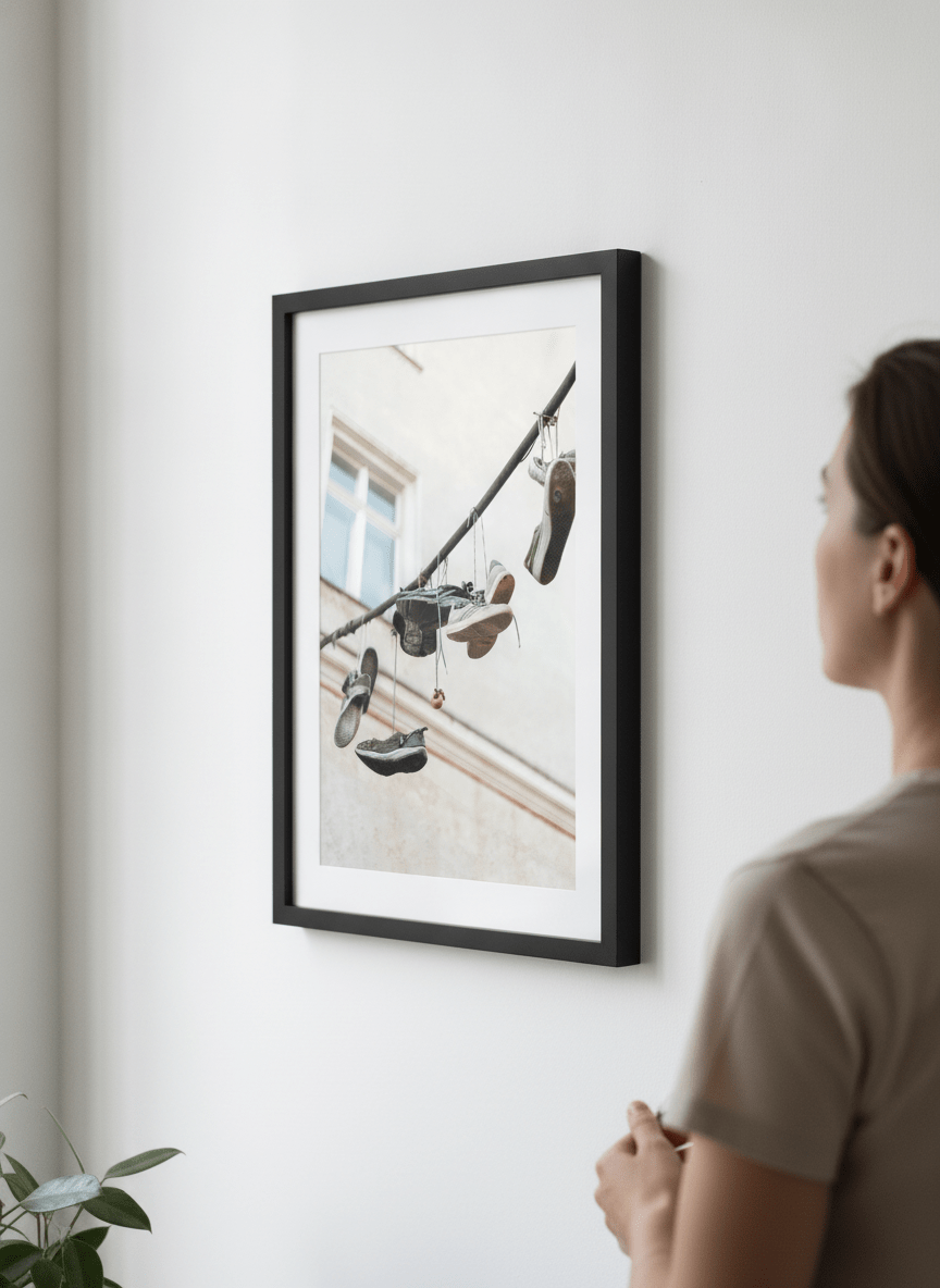 Person showcasing the artwork against a clean modern interior wall