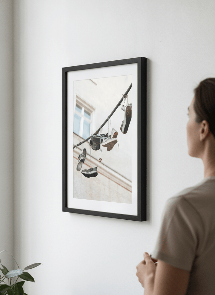 Person showcasing the artwork against a clean modern interior wall