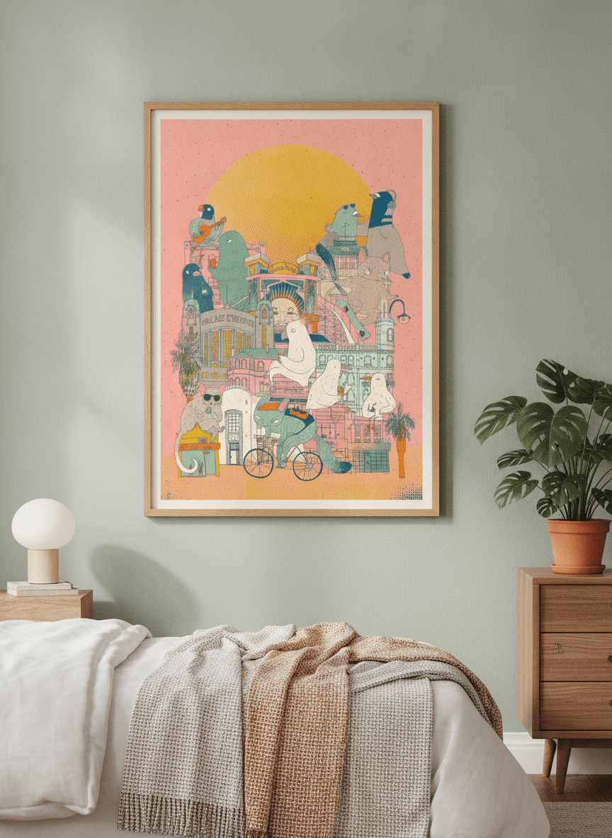 Minimalist artwork displayed in a calm, light-filled bedroom interior