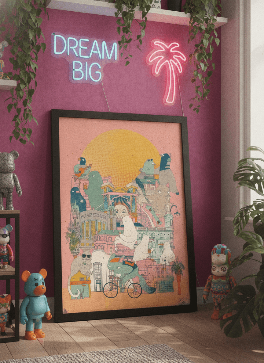 Bold wall art styled in a colourful, eclectic modern home