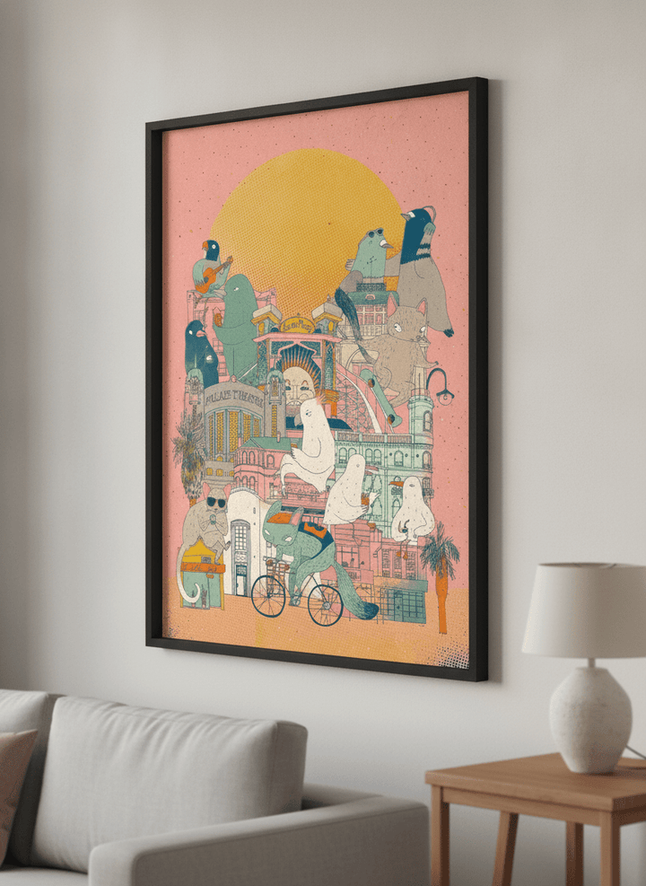 Modern wall art styled above a sofa in a neutral living room