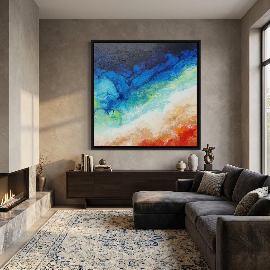 Oversized statement canvas wall art with a black surround styled in a luxe interior