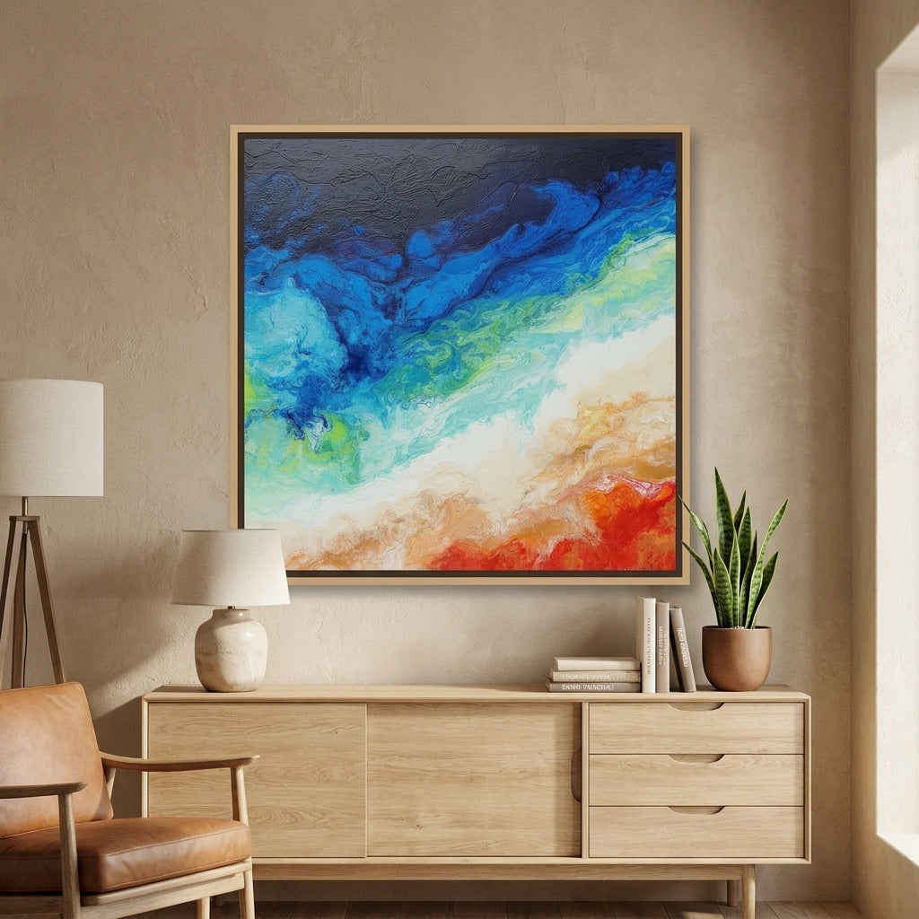 Canvas wall art with a natural timber surround styled in a bright modern office