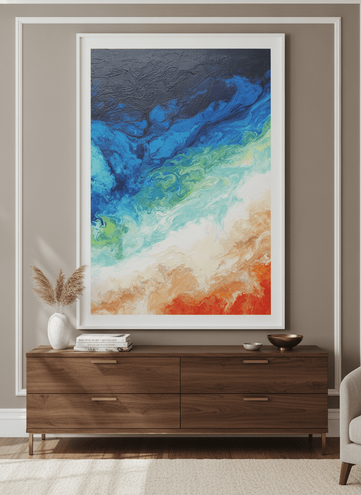Monumental artwork centred on a feature wall in a luxe interior