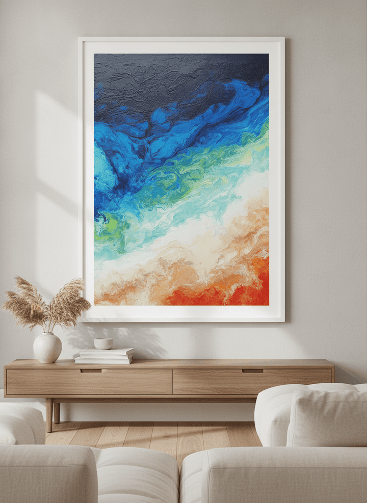 Modern wall art styled above a sofa in a neutral living room