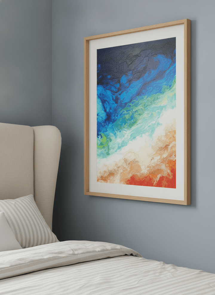 Minimalist artwork displayed in a calm, light-filled bedroom interior