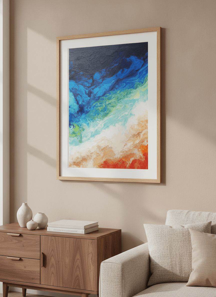 Modern wall art styled above a sofa in a neutral living room