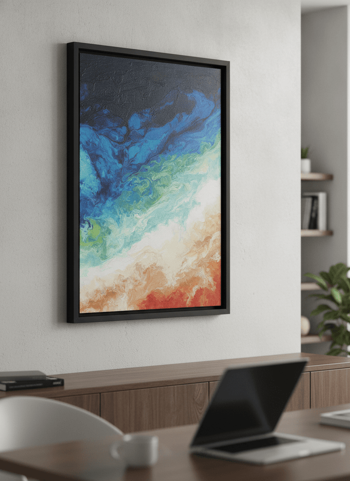Contemporary wall art featured in a bright modern office workspace