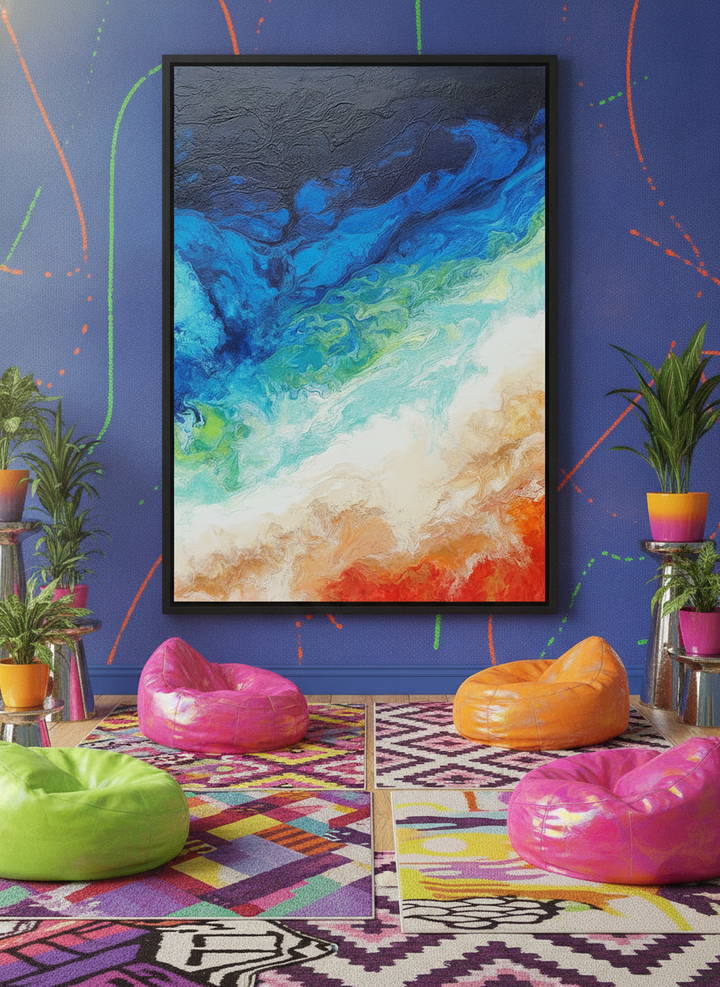 Bold wall art styled in a colourful, eclectic modern home