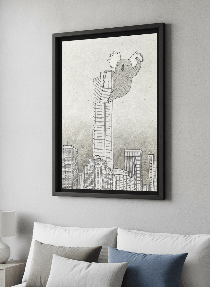 Minimalist artwork displayed in a calm, light-filled bedroom interior