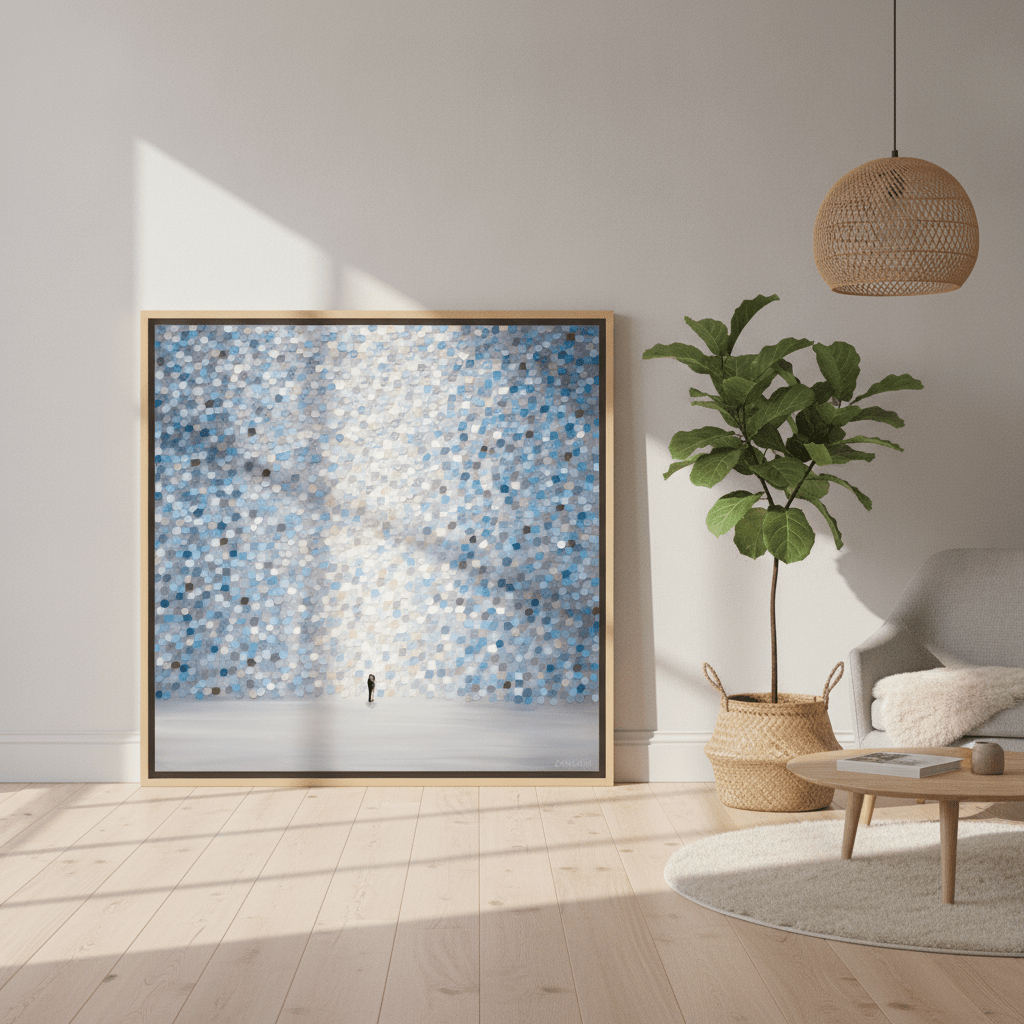 Oversized statement canvas wall art with a natural timber surround leaning against the wall in a bright Scandinavian living room