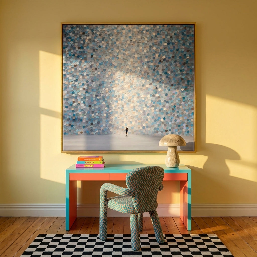 Oversized statement canvas wall art with a gold leaf surround styled on the wall in a colourful eclectic home office