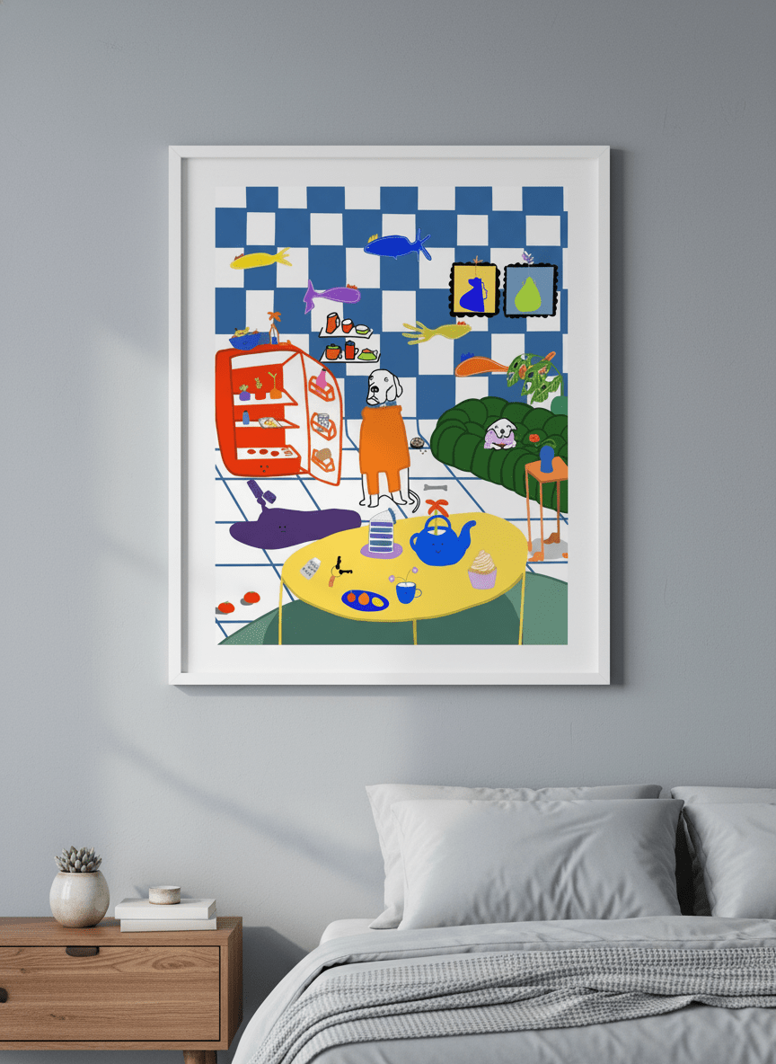 Minimalist artwork displayed in a calm, light-filled bedroom interior