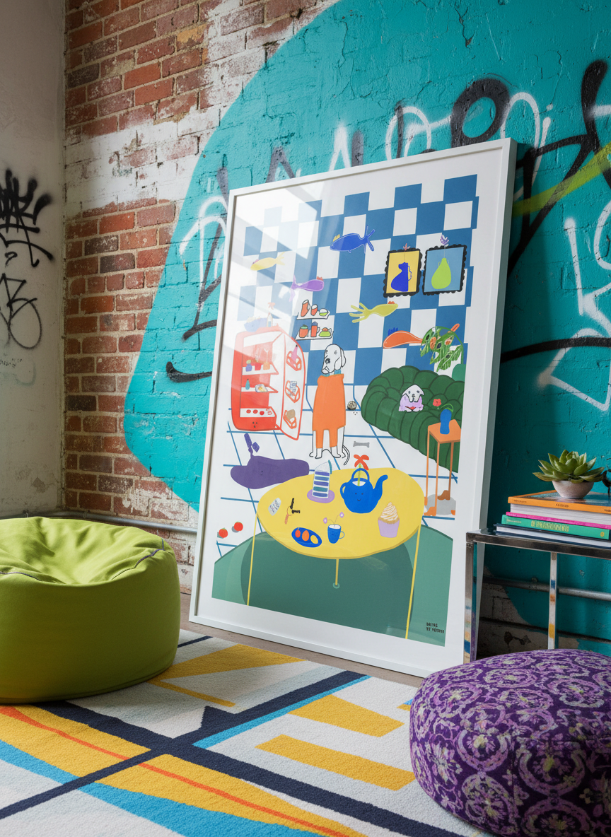 Bold wall art styled in a colourful, eclectic modern home