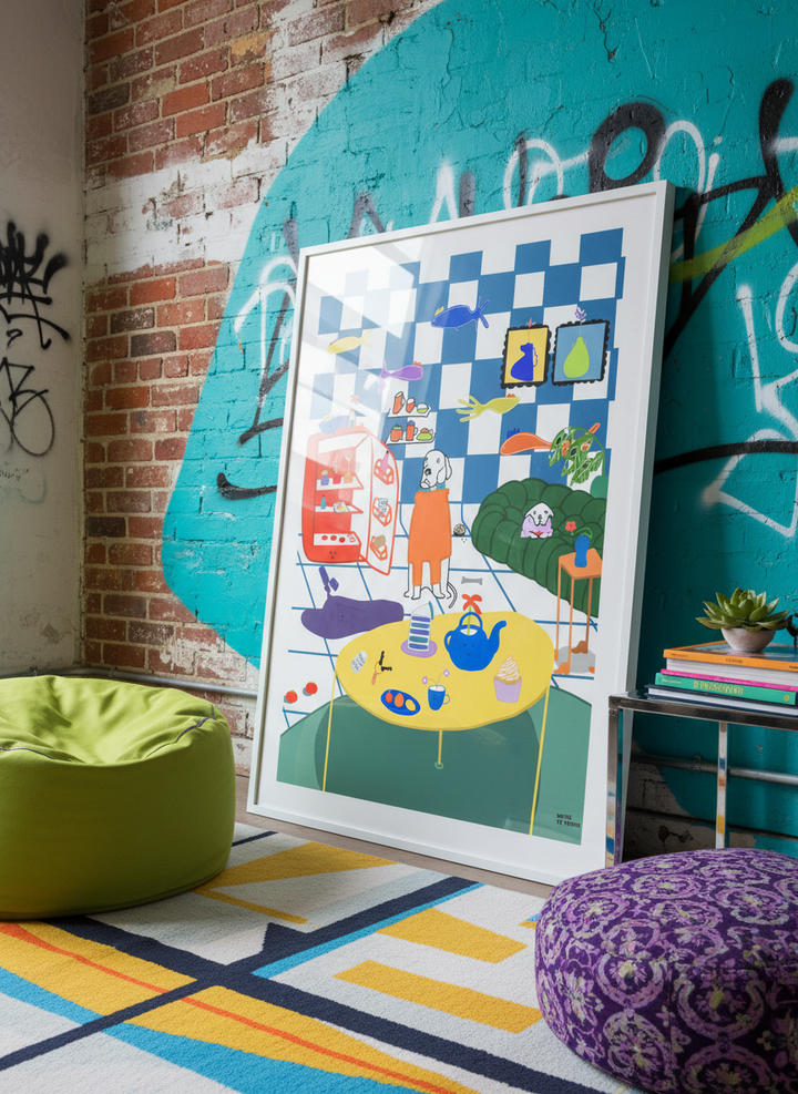 Bold wall art styled in a colourful, eclectic modern home