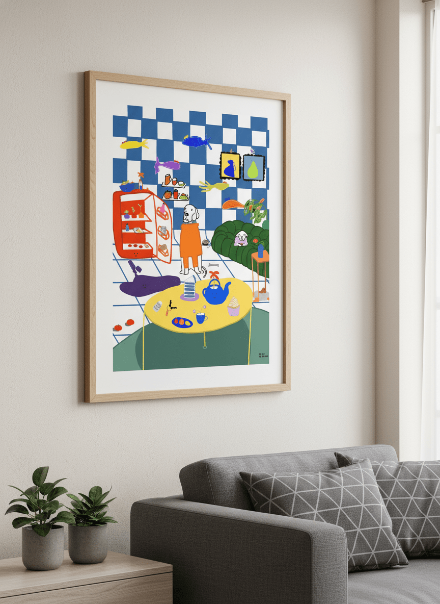 Modern wall art styled above a sofa in a neutral living room