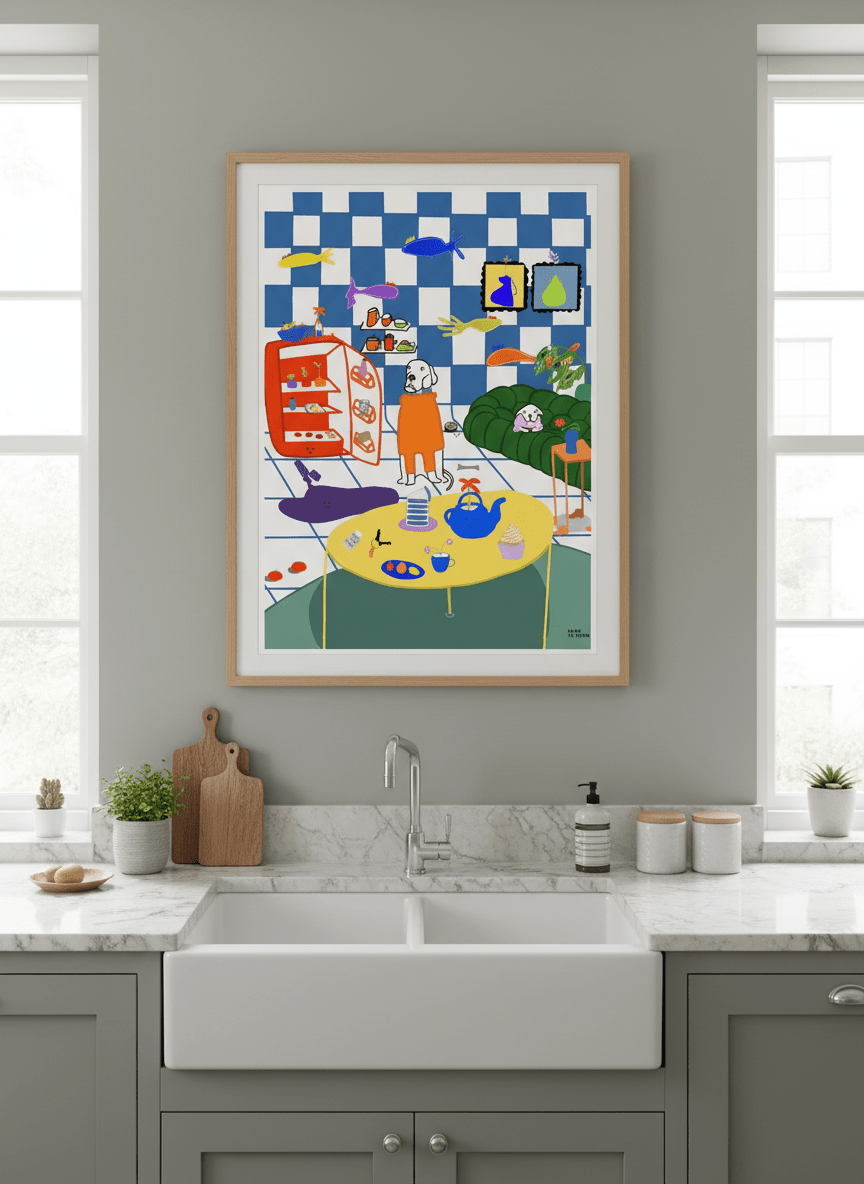 Artwork styled on the wall of a bright modern kitchen