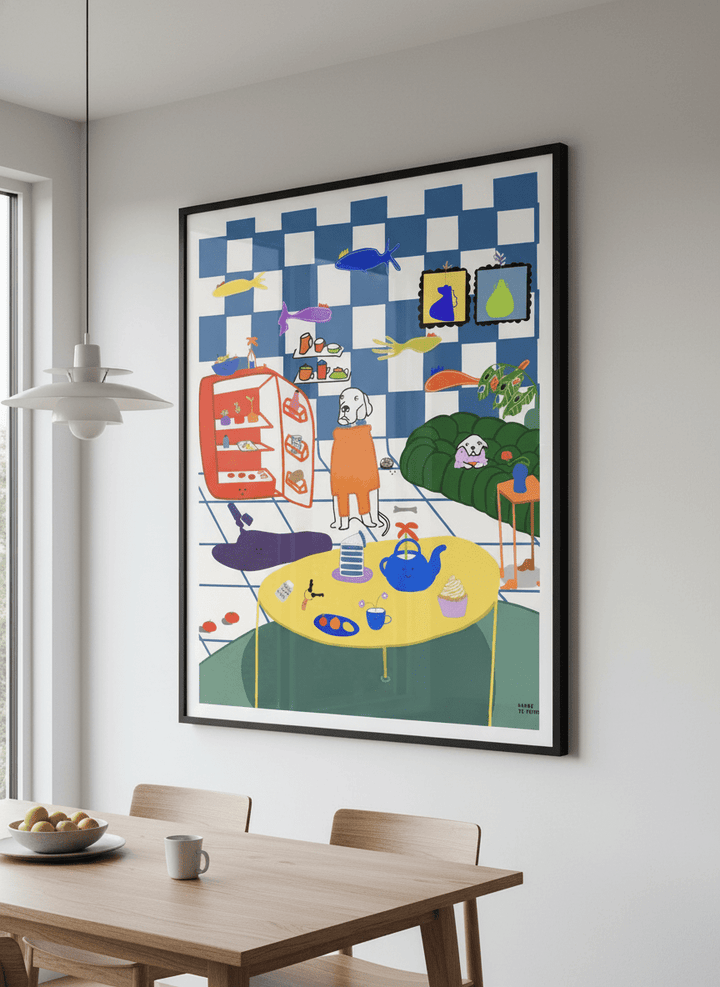 Wall art styled above a dining table in a contemporary home