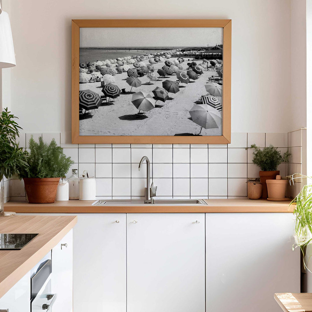 black and white umbrella coastal photography wall art kitchen timber large