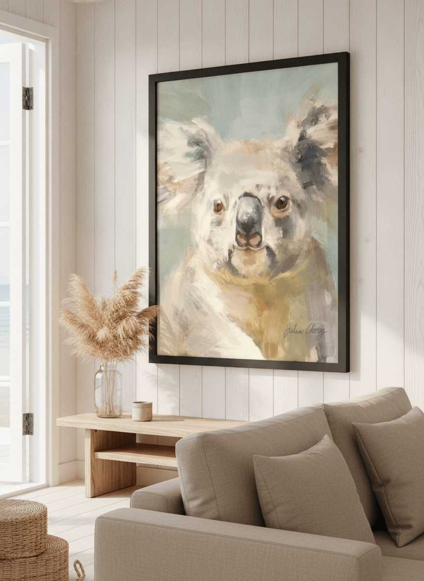 Neutral wall art displayed in a sunny coastal beach house