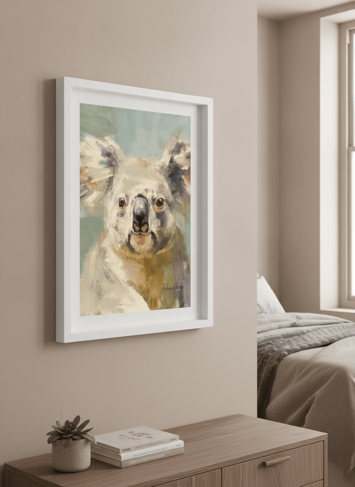 Minimalist artwork displayed in a calm, light-filled bedroom interior