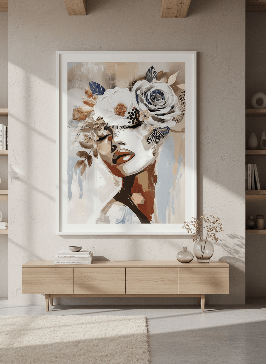 Monumental artwork centred on a feature wall in a luxe interior