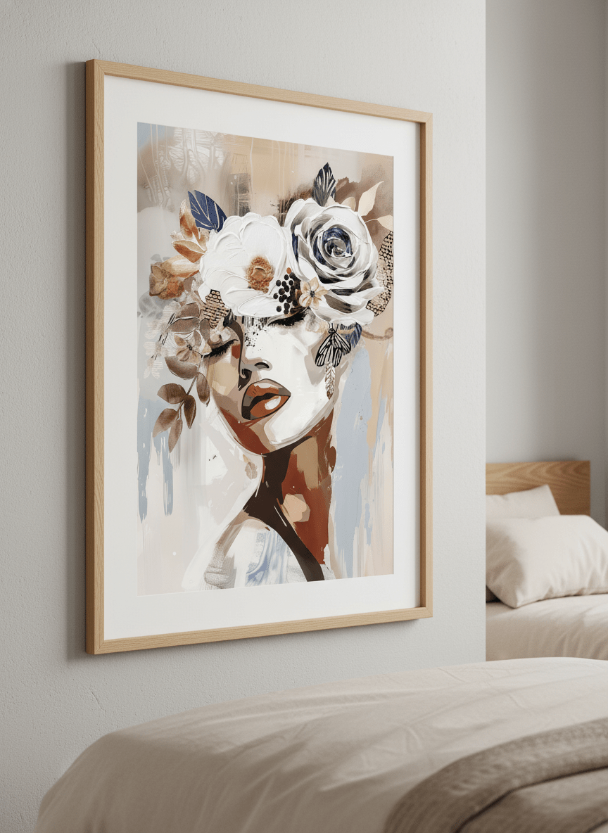 Minimalist artwork displayed in a calm, light-filled bedroom interior