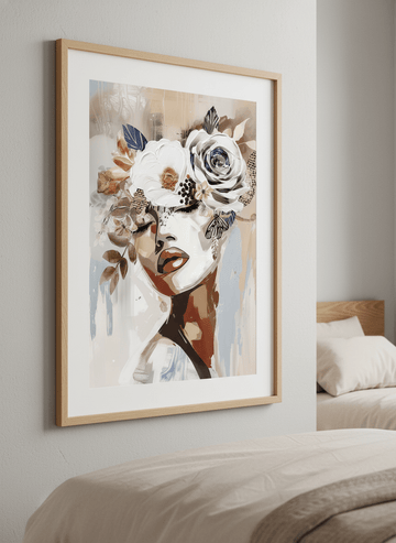 Minimalist artwork displayed in a calm, light-filled bedroom interior