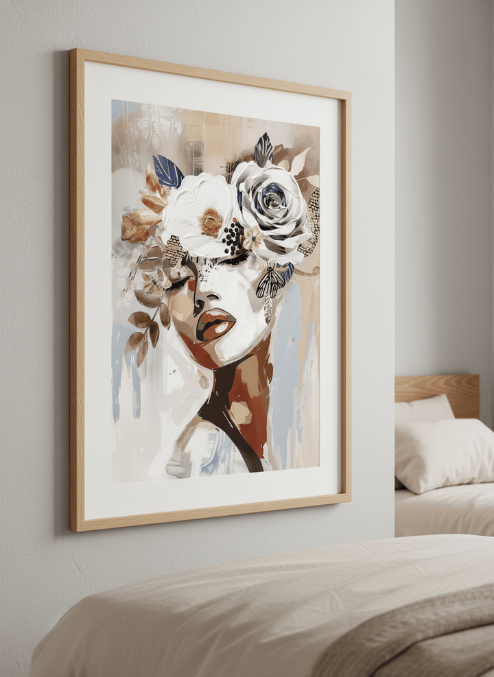 Minimalist artwork displayed in a calm, light-filled bedroom interior