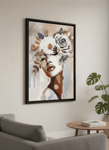 Modern wall art styled above a sofa in a neutral living room