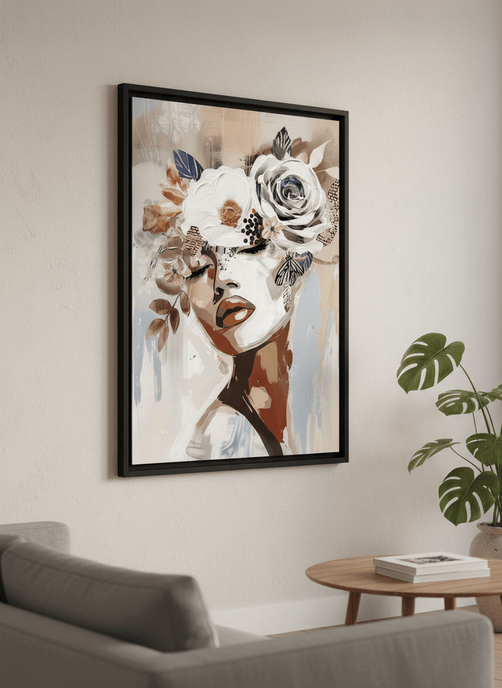 Modern wall art styled above a sofa in a neutral living room
