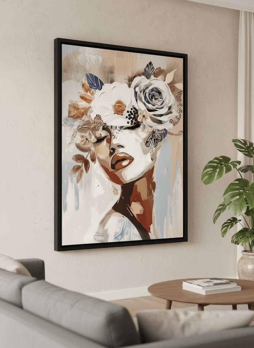 Modern wall art styled above a sofa in a neutral living room