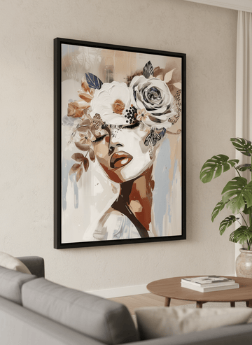 Modern wall art styled above a sofa in a neutral living room
