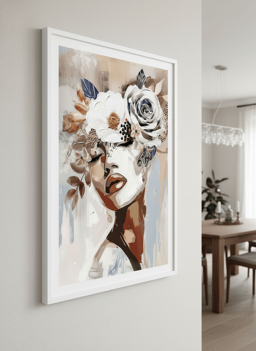Wall art styled above a dining table in a contemporary home
