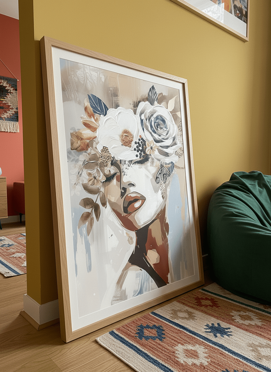 Bold wall art styled in a colourful, eclectic modern home
