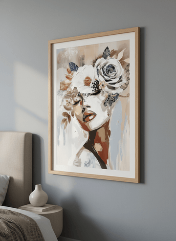 Minimalist artwork displayed in a calm, light-filled bedroom interior