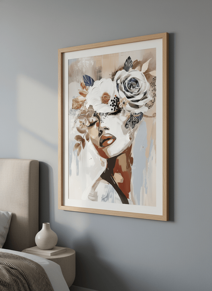 Minimalist artwork displayed in a calm, light-filled bedroom interior