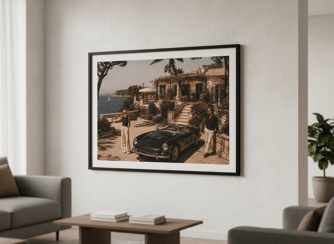 Modern wall art styled above a sofa in a neutral living room