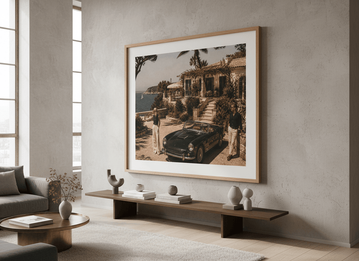 Monumental artwork centred on a feature wall in a luxe interior