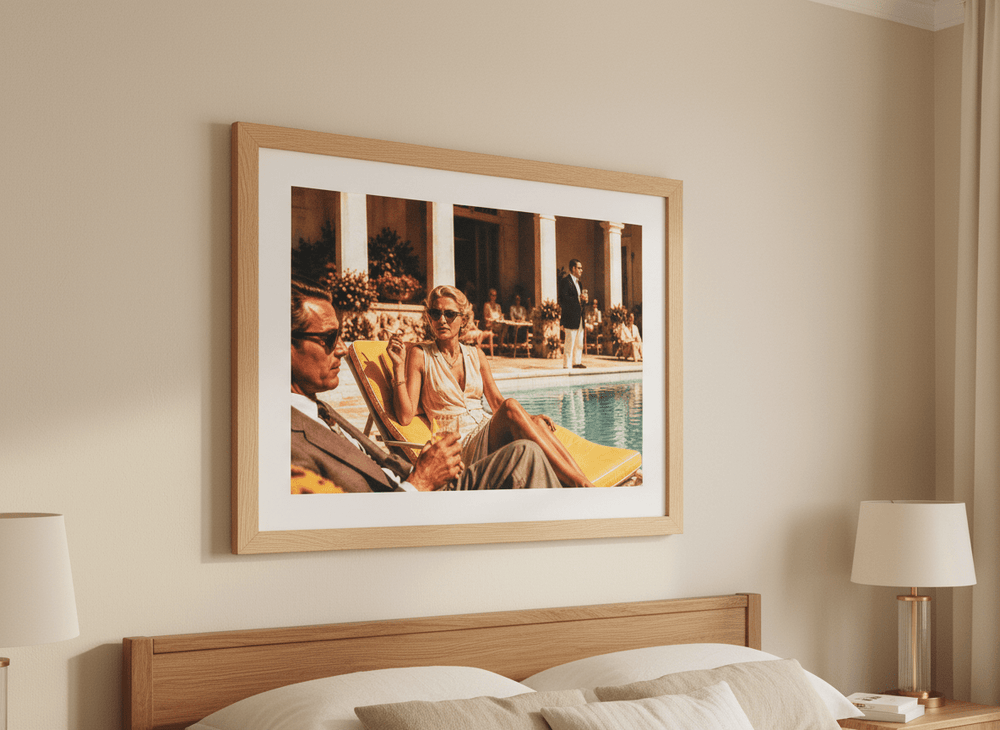 Minimalist artwork displayed in a calm, light-filled bedroom interior